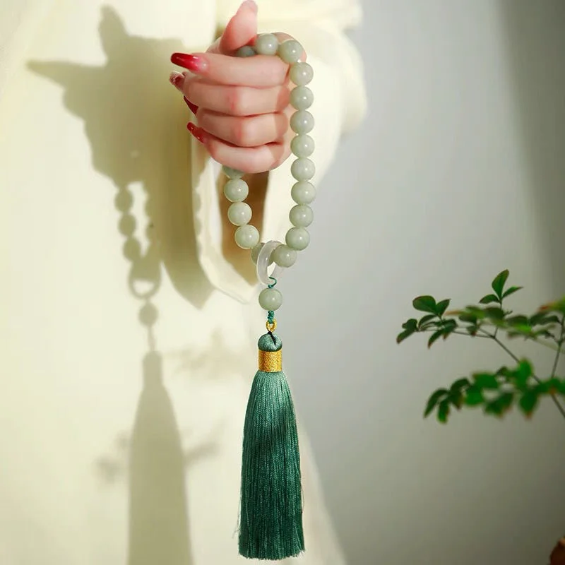 Bead Bracelet Men - Green Jade Stone 12mm Beads Tassel